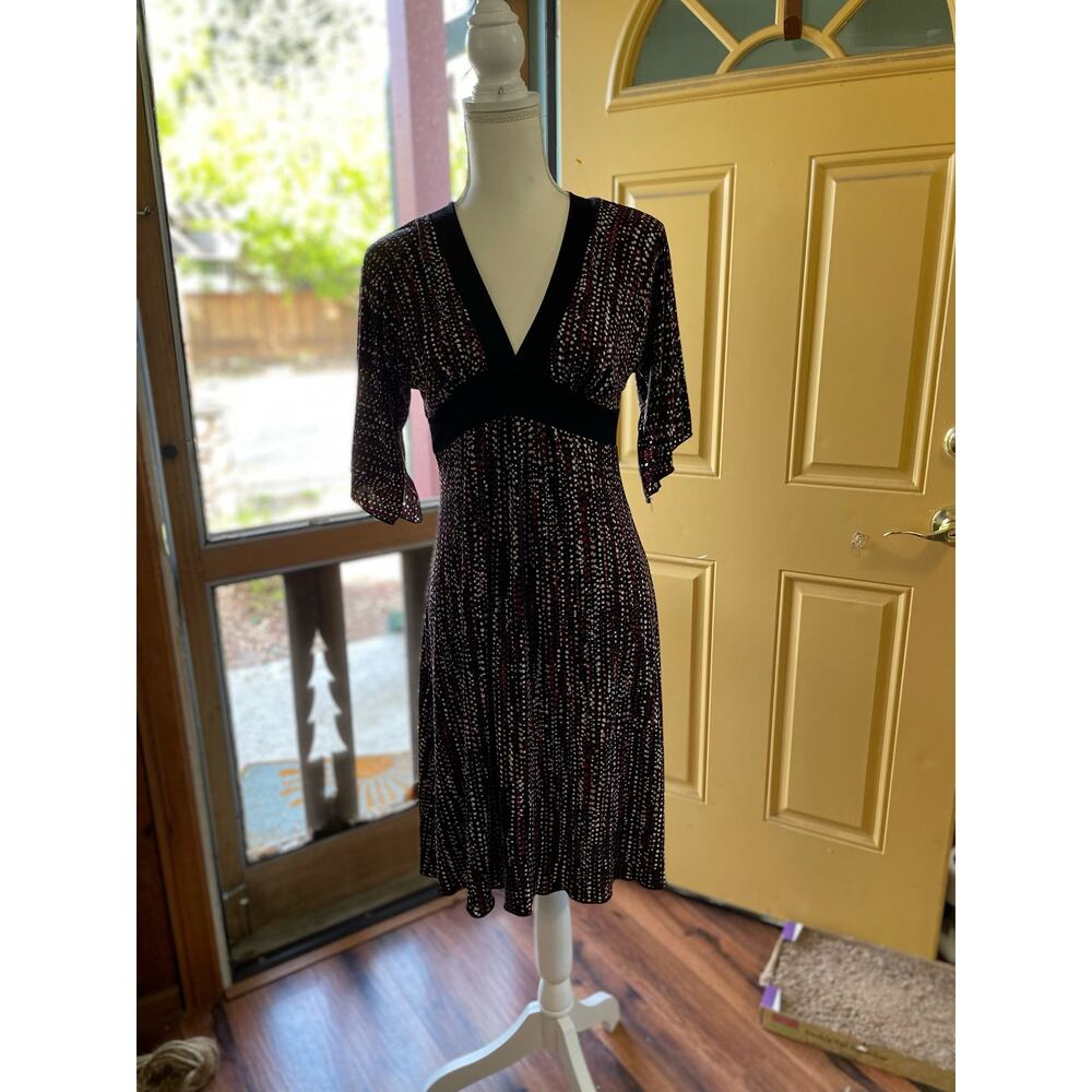 En Focus Studio Women Fit and Flare 3/4 sleeve Black Dress W/ Purple Polka Dots